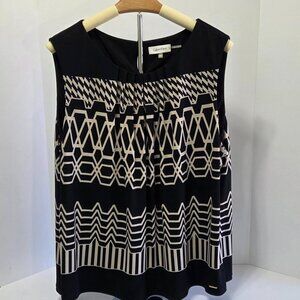 NWOT -- Calvin Klein Sleeveless Geometric Print Blouse, Black/Tan, Women’s 2X